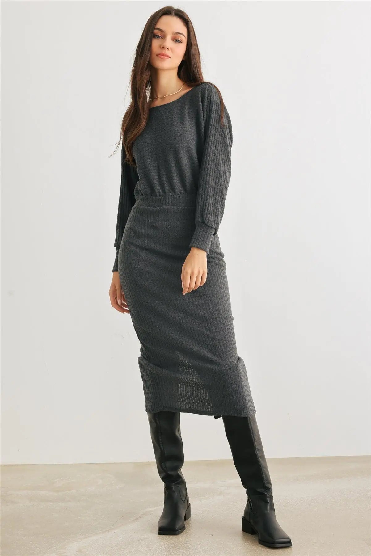 Dark Olive Ribbed Knit Cut-Out Back Long Sleeve Midi Dress /2-2-2 - My Store